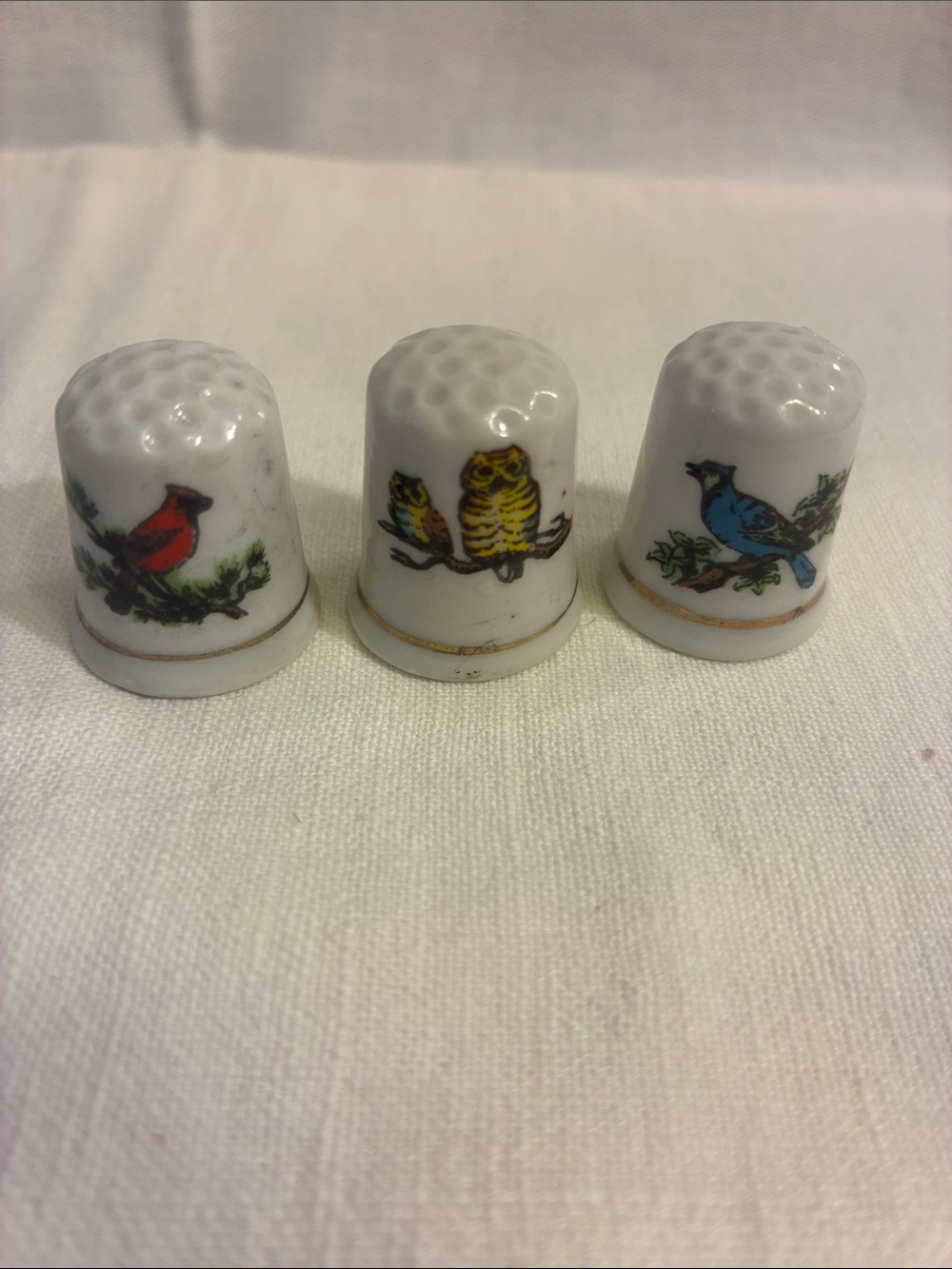Vintage Bird Thimbles lot of 3 Cardinal Owl blue bird
